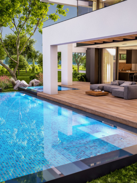 3d rendering of modern cozy house with pool and parking for sale or rent in luxurious style and beautiful landscaping on background. Clear summer evening with cozy light from window