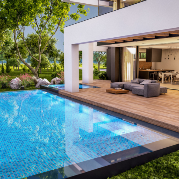 3d rendering of modern cozy house with pool and parking for sale or rent in luxurious style and beautiful landscaping on background. Clear summer evening with cozy light from window